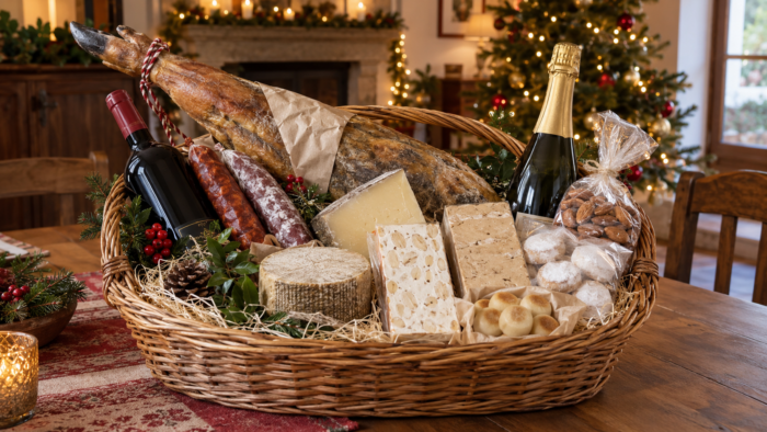 Cesta de Navidad — традиционная испанская рождественская корзина с хамоном, колбасами, сыром, турроном, польворонес, вином и кавой. Такие наборы дарят родным, друзьям и сотрудникам в преддверии праздников.