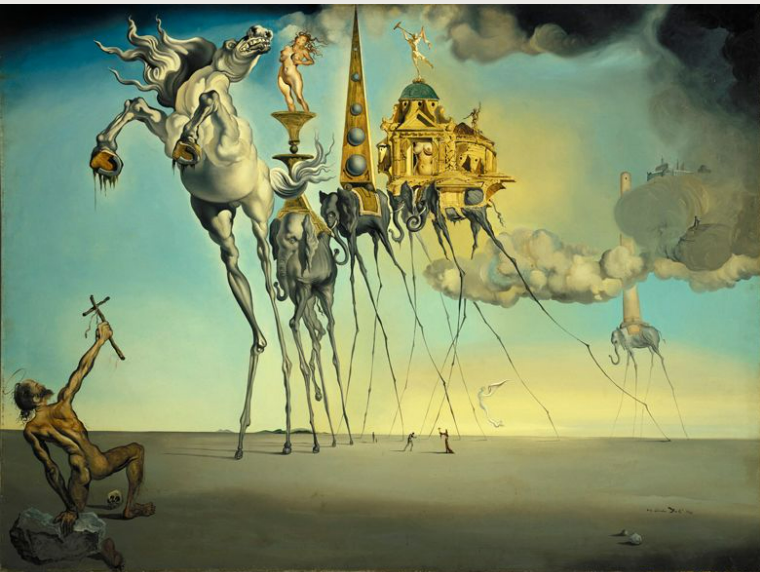 «Искушение святого Антония» (La Tentation de saint Antoine)Сальвадор Дали (Salvador Dalí), 1946. Холст, масло, 89,5 × 119,5 см. Королевские музеи изящных искусств Бельгии, Брюссель.