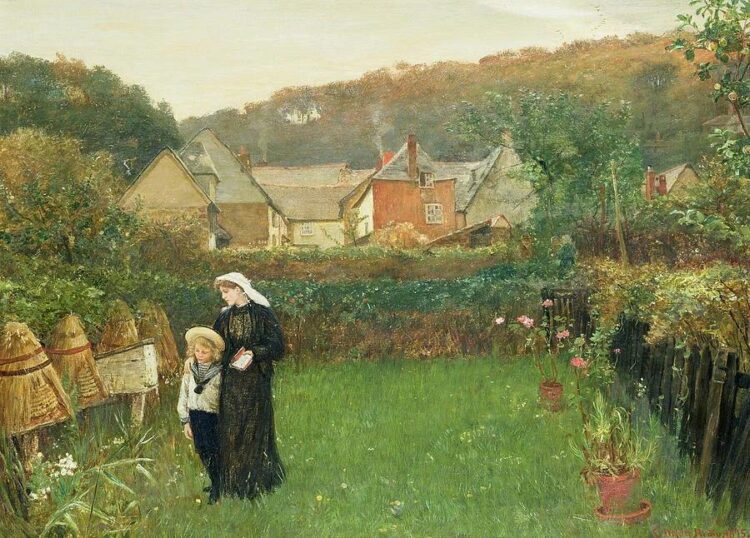 «Сообщая пчёлам» (Telling the Bees), 1897 год. Художник Чарльз Напьер Хеми. Вдова и её сын сообщают пчёлам о смерти хозяина — старинный европейский погребальный обычай. Wikimedia Commons, Public Domain.