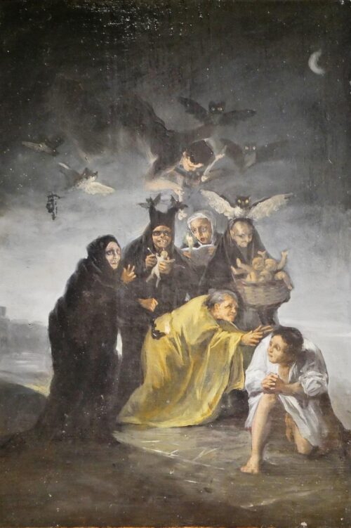 «Шабаш ведьм», Франсиско Гойя, 1797–1798 годы. Картина создана почти через два столетия после процесса в Логроньо и отражает художественный образ колдовства, а не реальные события в Сугаррамурди. Собрание музея Ласаро Гальдиано, общественное достояние.